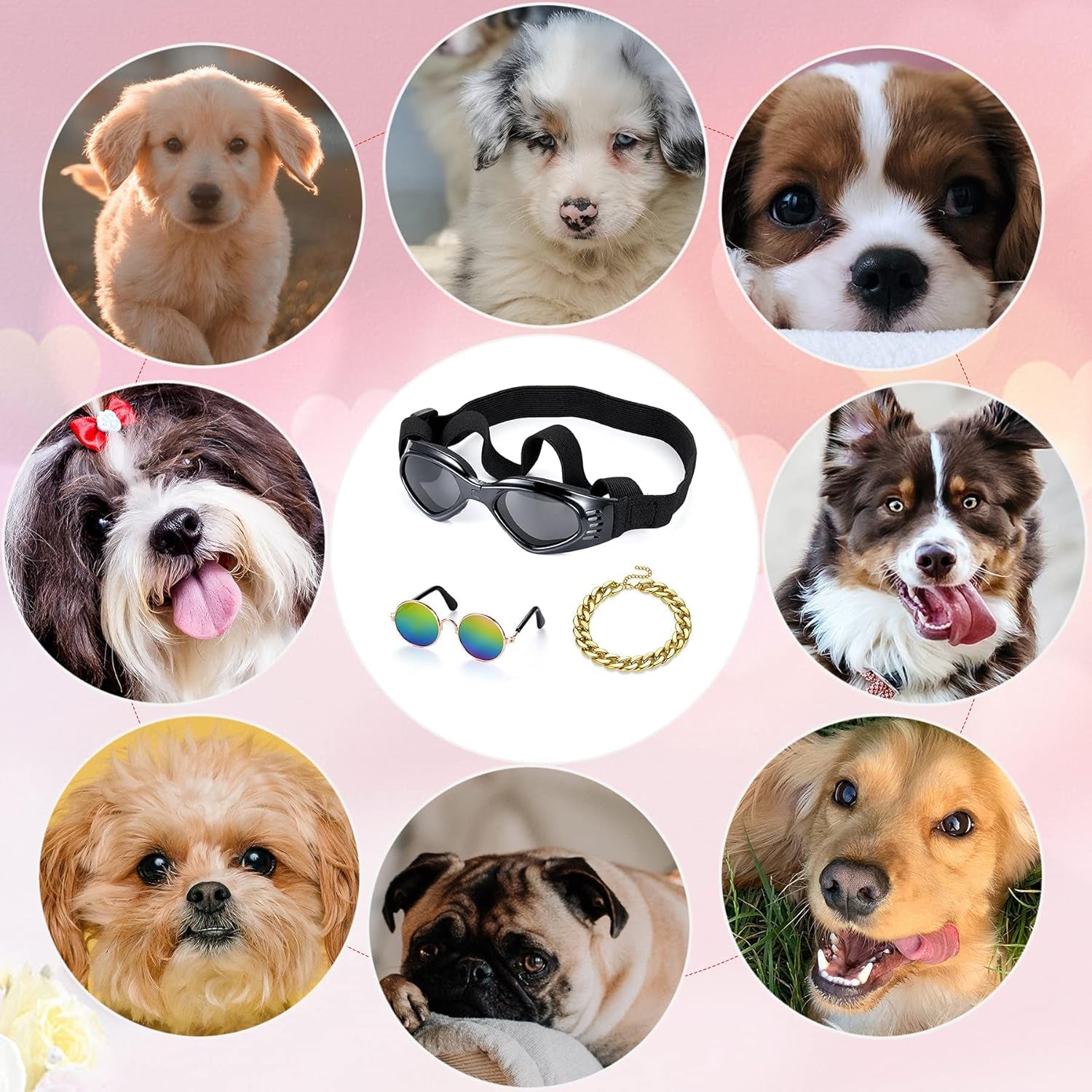 3 Pack Pet Small Dog Cat round Sunglasses, Dog Goggles for UV Stop Waterproof Windproof Anti-Fog Eye Protection, and Fashion Costume Pet Gold Chain Collar