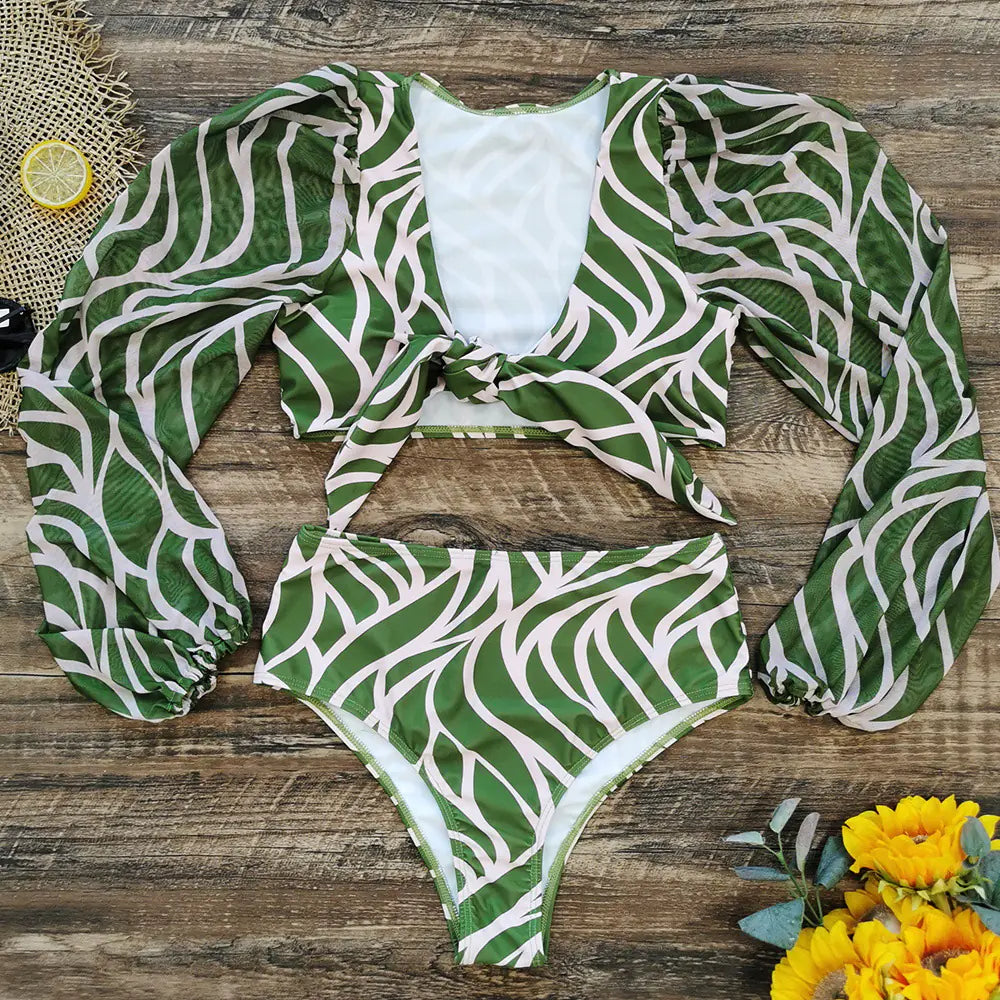 2024 Women's High-Waist Printed Bikini with Sleeves