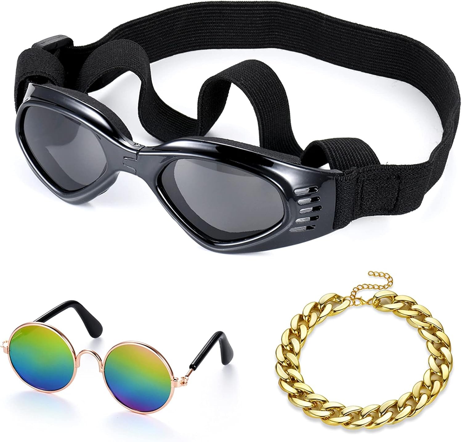 3 Pack Pet Small Dog Cat round Sunglasses, Dog Goggles for UV Stop Waterproof Windproof Anti-Fog Eye Protection, and Fashion Costume Pet Gold Chain Collar