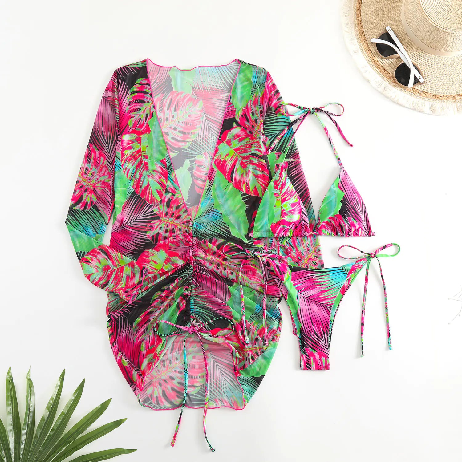 2022 Floral Print Mesh Bikini Swimwear Set (3 Pieces)