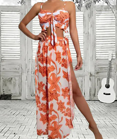 2022 Plant Print Bikini Set - Three Piece Swimwear