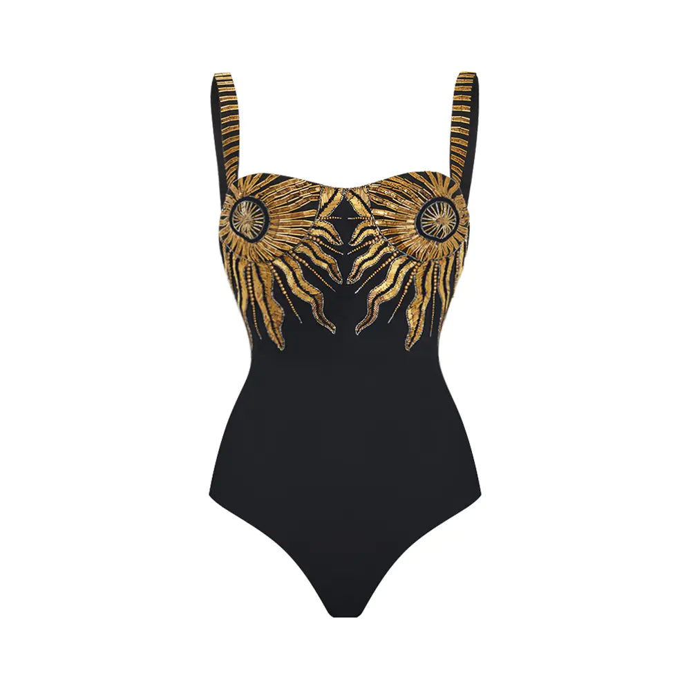 2023 Black Gold Sequin One-Piece Swimsuit Set for Women