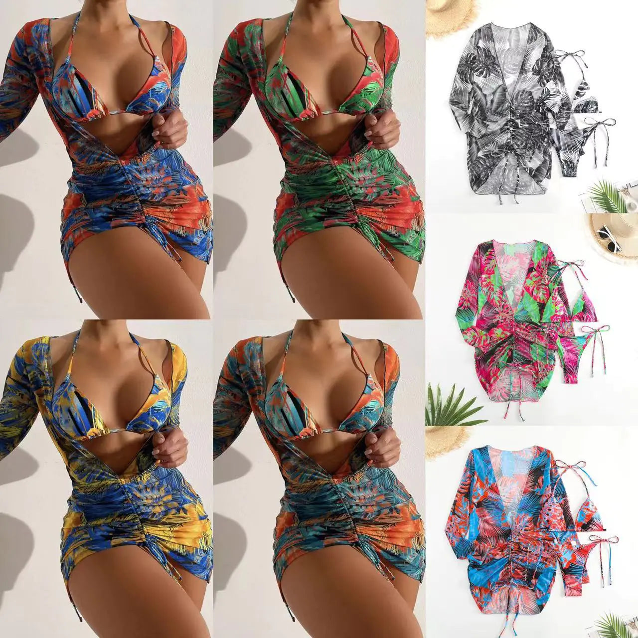 2022 Floral Print Mesh Bikini Swimwear Set (3 Pieces)