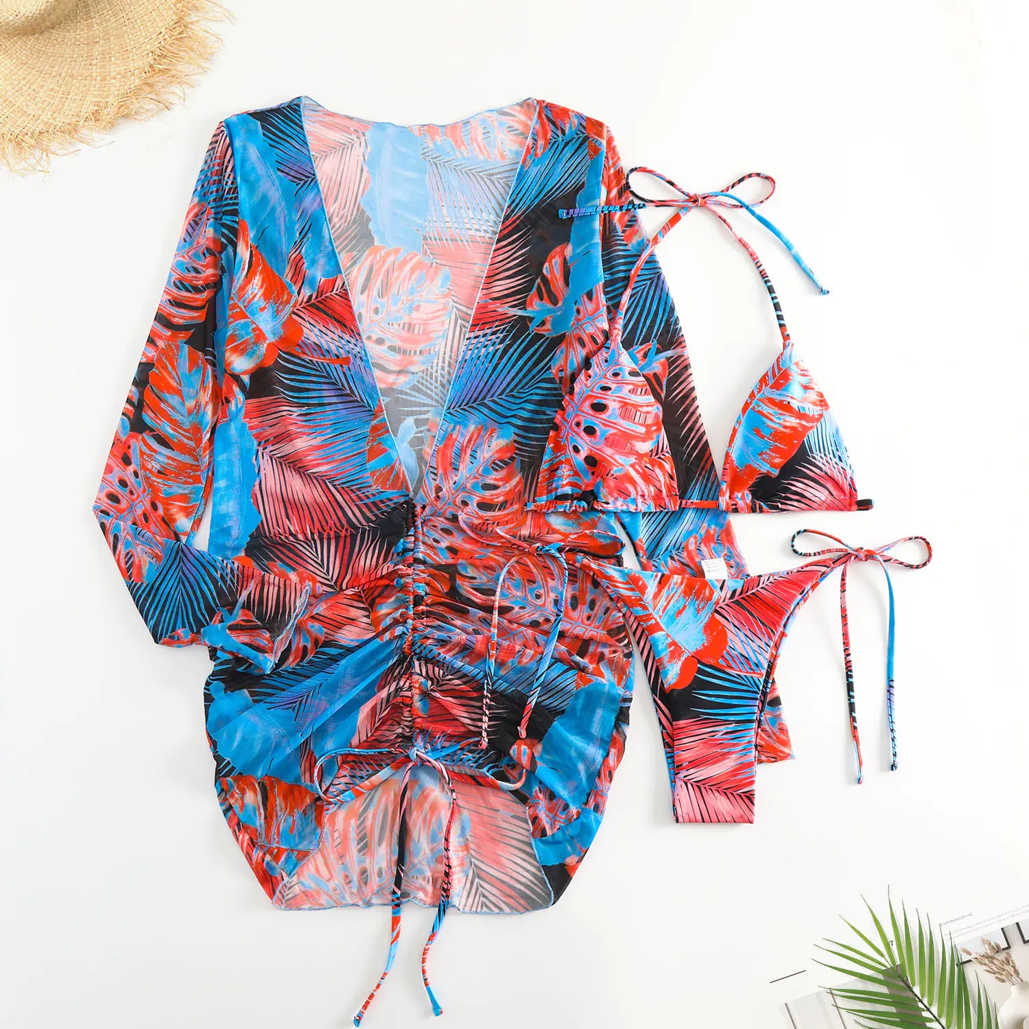 2022 Floral Print Mesh Bikini Swimwear Set (3 Pieces)