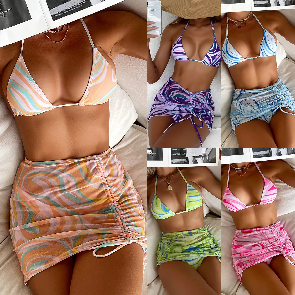 2022 Women's Striped Bikini Set with Skirt (3 Pieces)