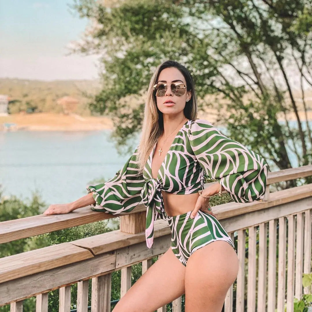 2024 Women's High-Waist Printed Bikini with Sleeves