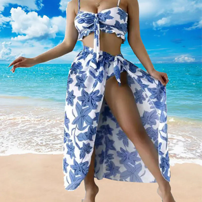 2022 Plant Print Bikini Set - Three Piece Swimwear