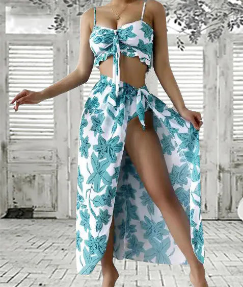 2022 Plant Print Bikini Set - Three Piece Swimwear