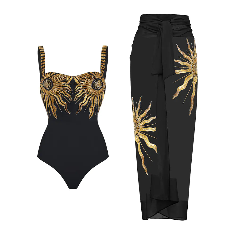 2023 Black Gold Sequin One-Piece Swimsuit Set for Women